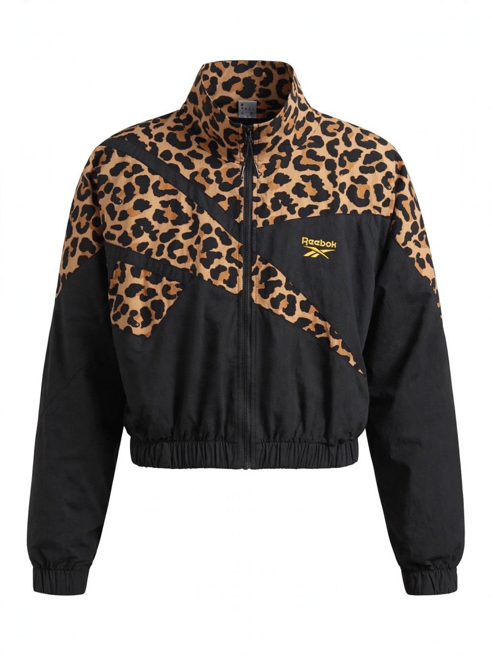 Reebok Black and Tan Leopard-Accent Cropped Bomber Jacket